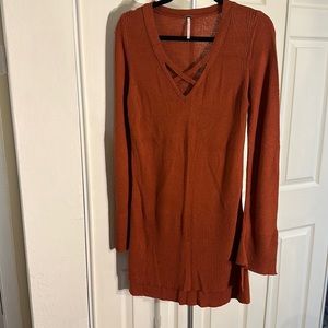 Free People Criss Cross V-Neck Split Hem Tunic Sweater
